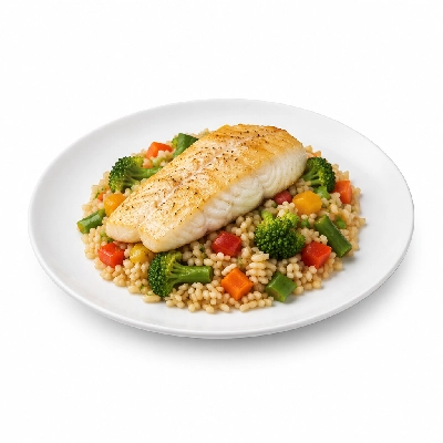 Food 4 Fitness Sous Vide Barramundi Fillet with Special Honey Soy and Lemon Wedge Brown Rice & Seasonal Mix Veg 450g