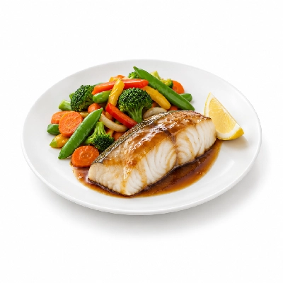 Food 4 Fitness Sous Vide Barramundi Fillet with Special Honey Soy and Lemon Wedge Seasonal Mix Veg 250g
