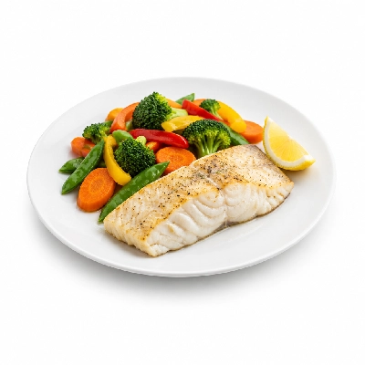 Food 4 Fitness Sous Vide Barramundi Fillet with Special Honey Soy and Lemon Wedge Seasonal Mix Veg 350g