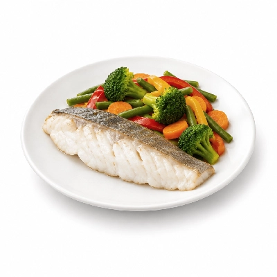 Food 4 Fitness Sous Vide Barramundi Fillet with Special Honey Soy and Lemon Wedge Seasonal Mix Veg 450g