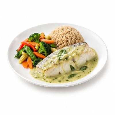 Food 4 Fitness Sous Vide Barramundi with Thai Green Curry Sauce Brown Rice & Seasonal Mix Veg 350g