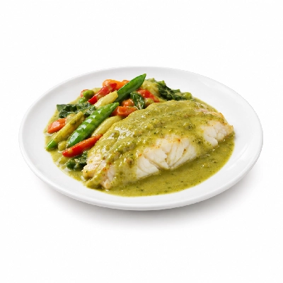 Food 4 Fitness Sous Vide Barramundi with Thai Green Curry Sauce Seasonal Mix Veg 250g