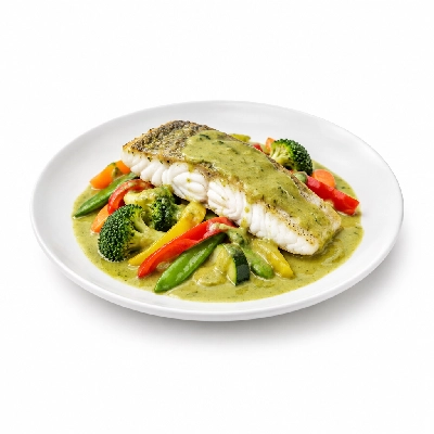 Food 4 Fitness Sous Vide Barramundi with Thai Green Curry Sauce Seasonal Mix Veg 350g