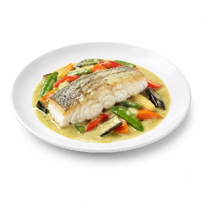 Food 4 Fitness Sous Vide Barramundi with Thai Green Curry Sauce Seasonal Mix Veg 450g