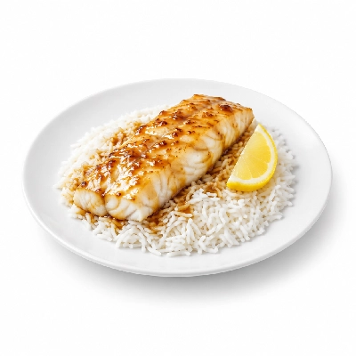 Food 4 Fitness Sous Vide Hake Fillet with Special Honey Soy and Lemon Wedge Basmati Rice 250g