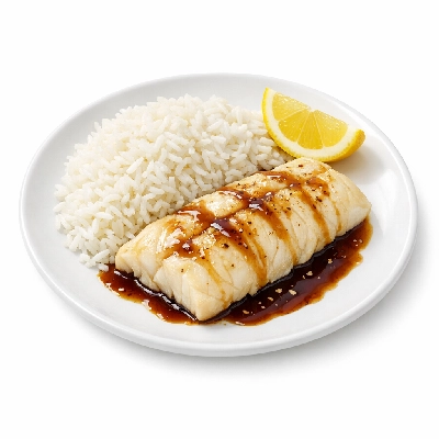 Food 4 Fitness Sous Vide Hake Fillet with Special Honey Soy and Lemon Wedge Basmati Rice 350g
