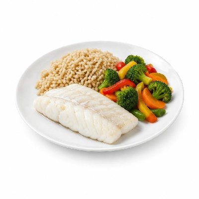 Food 4 Fitness Sous Vide Hake Fillet with Special Honey Soy and Lemon Wedge Brown Rice & Seasonal Mix Veg 250g