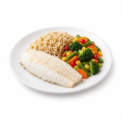 Food 4 Fitness Sous Vide Hake Fillet with Special Honey Soy and Lemon Wedge Brown Rice & Seasonal Mix Veg 350g