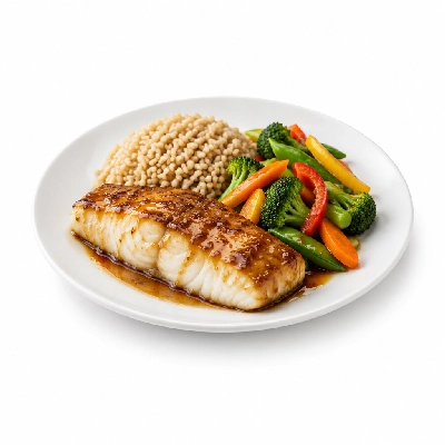 Food 4 Fitness Sous Vide Hake Fillet with Special Honey Soy and Lemon Wedge Brown Rice & Seasonal Mix Veg 450g