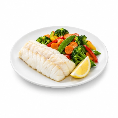 Food 4 Fitness Sous Vide Hake Fillet with Special Honey Soy and Lemon Wedge Seasonal Mix Veg 250g