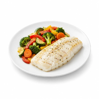 Food 4 Fitness Sous Vide Hake Fillet with Special Honey Soy and Lemon Wedge Seasonal Mix Veg 350g