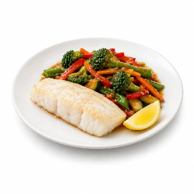 Food 4 Fitness Sous Vide Hake Fillet with Special Honey Soy and Lemon Wedge Seasonal Mix Veg 450g