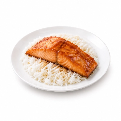 Food 4 Fitness Sous Vide Salmon Fillet with Special Honey Soy and Lemon Wedge Basmati Rice 350g