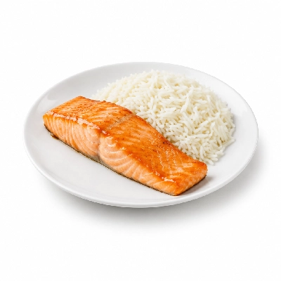 Food 4 Fitness Sous Vide Salmon Fillet with Special Honey Soy and Lemon Wedge Basmati Rice 450g