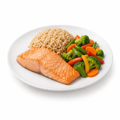 Food 4 Fitness Sous Vide Salmon Fillet with Special Honey Soy and Lemon Wedge Brown Rice & Seasonal Mix Veg 250g