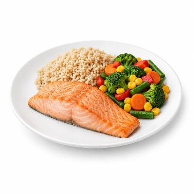 Food 4 Fitness Sous Vide Salmon Fillet with Special Honey Soy and Lemon Wedge Brown Rice & Seasonal Mix Veg 350g