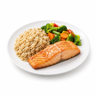 Food 4 Fitness Sous Vide Salmon Fillet with Special Honey Soy and Lemon Wedge Brown Rice & Seasonal Mix Veg 450g