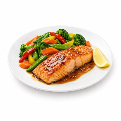 Food 4 Fitness Sous Vide Salmon Fillet with Special Honey Soy and Lemon Wedge Seasonal Mix Veg 250g