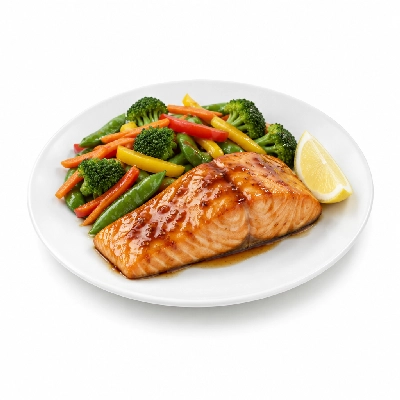 Food 4 Fitness Sous Vide Salmon Fillet with Special Honey Soy and Lemon Wedge Seasonal Mix Veg 350g