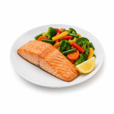 Food 4 Fitness Sous Vide Salmon Fillet with Special Honey Soy and Lemon Wedge Seasonal Mix Veg 450g