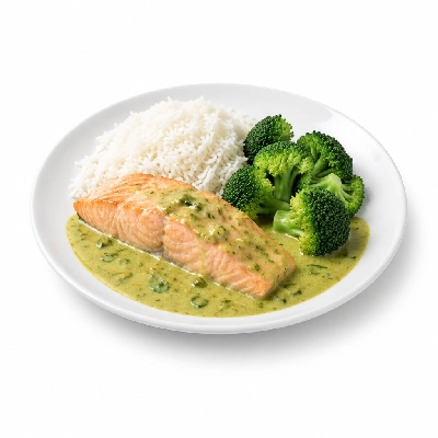 Food 4 Fitness Sous Vide Salmon with Thai Green Curry Sauce Basmati Rice & Broccoli 250g
