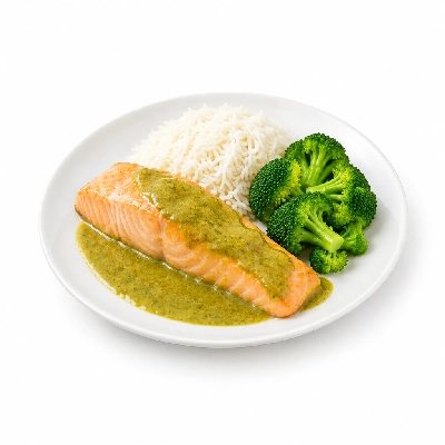 Food 4 Fitness Sous Vide Salmon with Thai Green Curry Sauce Basmati Rice & Broccoli 350g