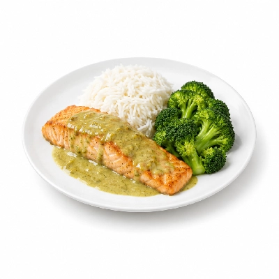 Food 4 Fitness Sous Vide Salmon with Thai Green Curry Sauce Basmati Rice & Broccoli 450g