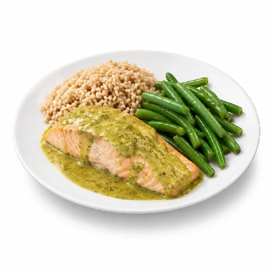 Food 4 Fitness Sous Vide Salmon with Thai Green Curry Sauce Brown Rice & Seasonal Beans 350g