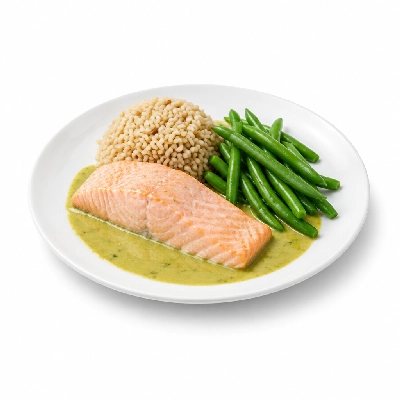Food 4 Fitness Sous Vide Salmon with Thai Green Curry Sauce Brown Rice & Seasonal Beans 450g