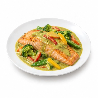 Food 4 Fitness Sous Vide Salmon with Thai Green Curry Sauce Seasonal Mix Veg 250g