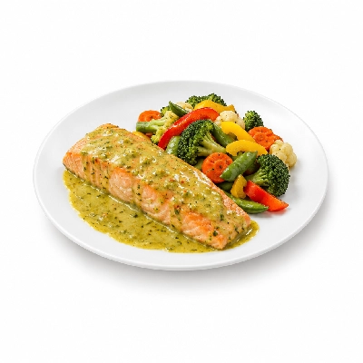 Food 4 Fitness Sous Vide Salmon with Thai Green Curry Sauce Seasonal Mix Veg 350g