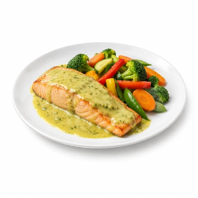 Food 4 Fitness Sous Vide Salmon with Thai Green Curry Sauce Seasonal Mix Veg 450g