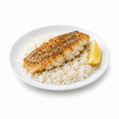 Food 4 Fitness Sous Vide Salt & Pepper Barramundi Fillet with a Lemon Wedge Basmati Rice 350g