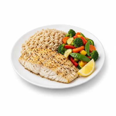 Food 4 Fitness Sous Vide Salt & Pepper Barramundi Fillet with a Lemon Wedge Brown Rice Seasonal Mix Veg 450g