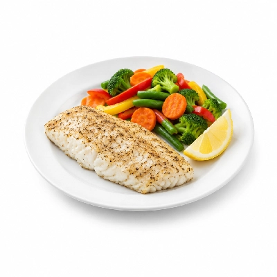 Food 4 Fitness Sous Vide Salt & Pepper Barramundi Fillet with a Lemon Wedge Seasonal Mix Veg 250g