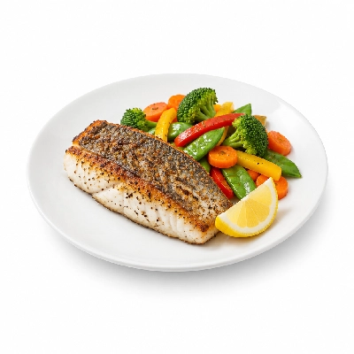 Food 4 Fitness Sous Vide Salt & Pepper Barramundi Fillet with a Lemon Wedge Seasonal Mix Veg 350g
