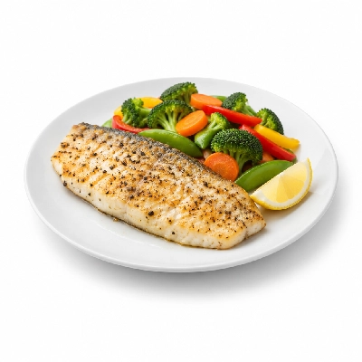 Food 4 Fitness Sous Vide Salt & Pepper Barramundi Fillet with a Lemon Wedge Seasonal Mix Veg 450g