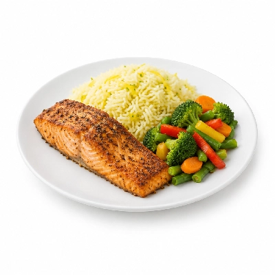 Food 4 Fitness Sous Vide Salt & Pepper Crusted Salmon with Sweet Chilli Sauce and Lemon Basmati Rice Seasonal Mix Veg 450g