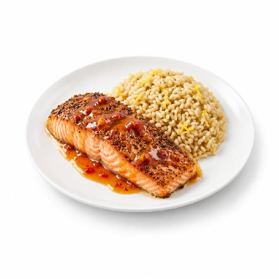 Food 4 Fitness Sous Vide Salt & Pepper Crusted Salmon with Sweet Chilli Sauce and Lemon Brown Rice 250g