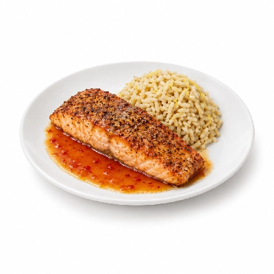 Food 4 Fitness Sous Vide Salt & Pepper Crusted Salmon with Sweet Chilli Sauce and Lemon Brown Rice 350g