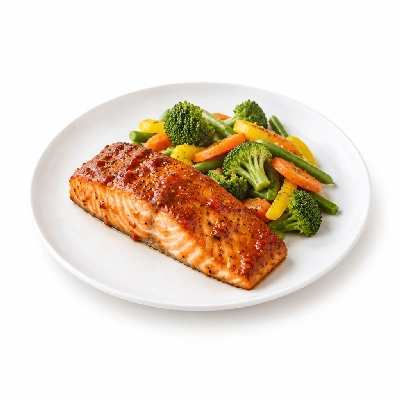 Food 4 Fitness Sous Vide Salt & Pepper Crusted Salmon with Sweet Chilli Sauce and Lemon Seasonal Mix Veg 250g