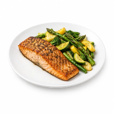 Food 4 Fitness Sous Vide Salt & Pepper Crusted Salmon with Sweet Chilli Sauce and Lemon Seasonal Mix Veg 350g