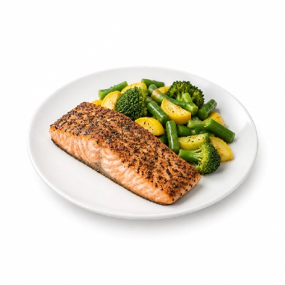 Food 4 Fitness Sous Vide Salt & Pepper Crusted Salmon with Sweet Chilli Sauce and Lemon Seasonal Mix Veg 450g