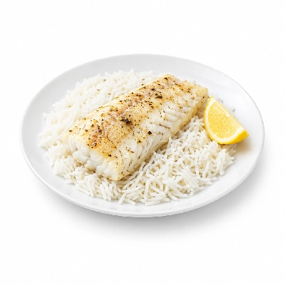Food 4 Fitness Sous Vide Salt & Pepper Hake Fillet with a Lemon Wedge Basmati Rice 250g