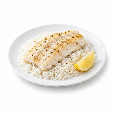 Food 4 Fitness Sous Vide Salt & Pepper Hake Fillet with a Lemon Wedge Basmati Rice 350g