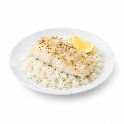 Food 4 Fitness Sous Vide Salt & Pepper Hake Fillet with a Lemon Wedge Basmati Rice 450g