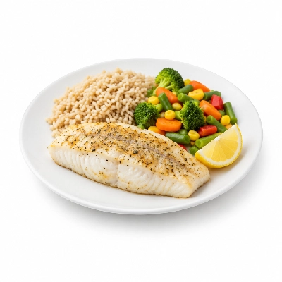 Food 4 Fitness Sous Vide Salt & Pepper Hake Fillet with a Lemon Wedge Brown Rice Seasonal Mix Veg 250g