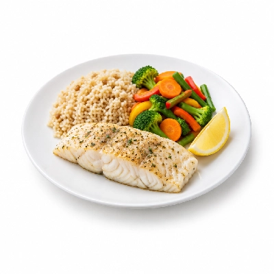 Food 4 Fitness Sous Vide Salt & Pepper Hake Fillet with a Lemon Wedge Brown Rice Seasonal Mix Veg 350g