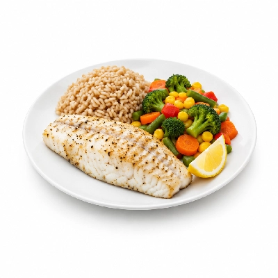 Food 4 Fitness Sous Vide Salt & Pepper Hake Fillet with a Lemon Wedge Brown Rice Seasonal Mix Veg 450g