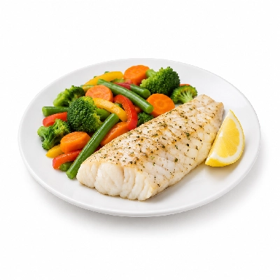 Food 4 Fitness Sous Vide Salt & Pepper Hake Fillet with a Lemon Wedge Seasonal Mix Veg 250g